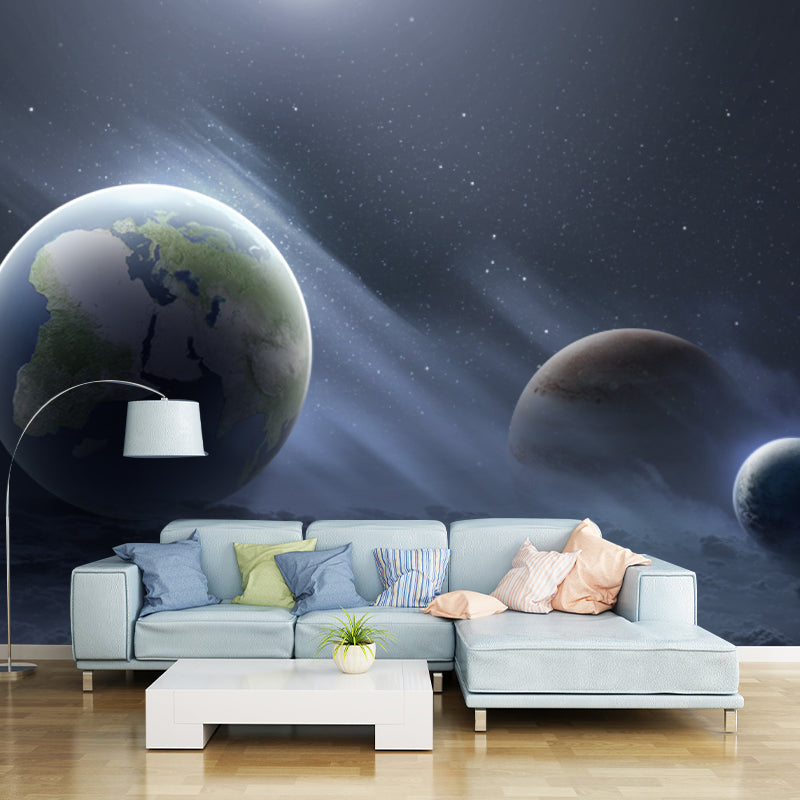 Sci-Fi Galaxy Planets Wall Murals Blue-Green Waterproofing Wall Art for Living Room Aqua Clearhalo 'Wall Decor' 'Wall Mural' 1421843