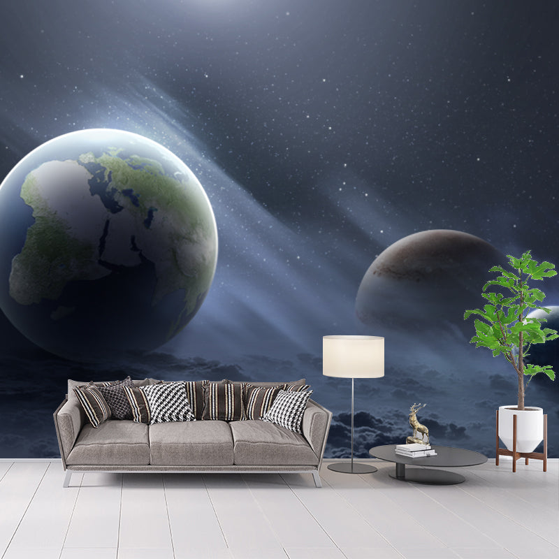 Sci-Fi Galaxy Planets Wall Murals Blue-Green Waterproofing Wall Art for Living Room Clearhalo 'Wall Decor' 'Wall Mural' 1421845