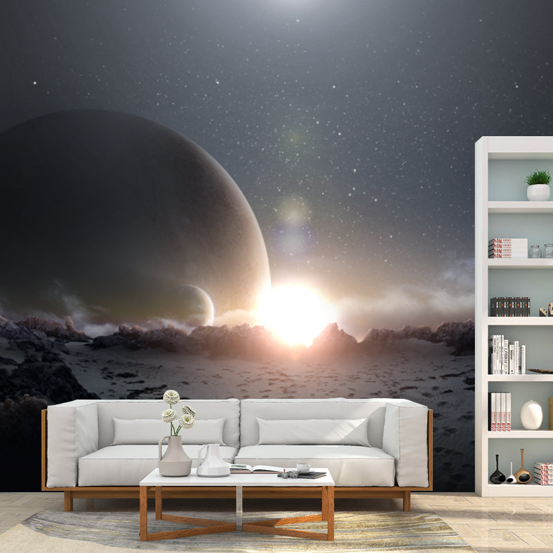 Fictional Sunrise at Wilds Mural Blue-Brown Boys Bedroom Wall Covering, Custom Print Clearhalo 'Wall Decor' 'Wall Mural' 1421849