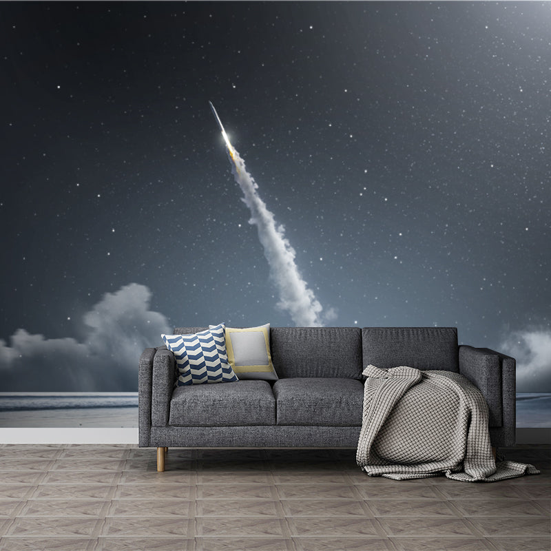 Starry Sky Rocket Wallpaper Mural Futuristic Non-Woven Material Wall Decor in Blue-White Blue-White Clearhalo 'Wall Decor' 'Wall Mural' 1421853