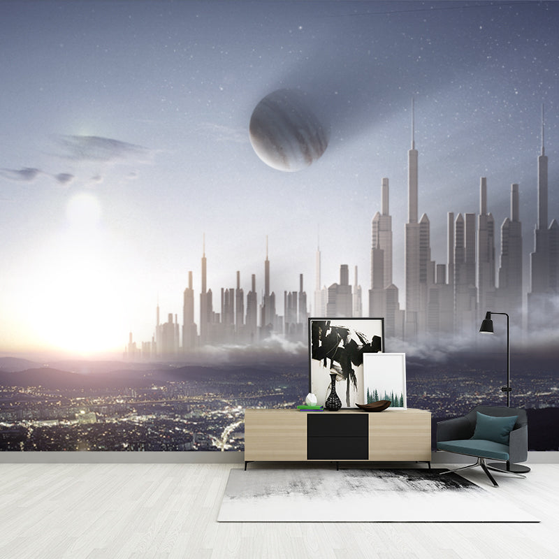 Grey-Blue Future Metropolis Mural Decal Stain-Proof Science Fiction Bedroom Wall Art Clearhalo 'Wall Decor' 'Wall Mural' 1421860