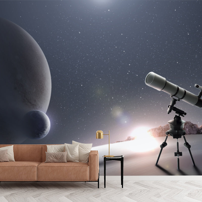 Cool Telescope and Globes Mural for Living Room, Blue and White, Made to Measure Blue-White Clearhalo 'Wall Decor' 'Wall Mural' 1421868