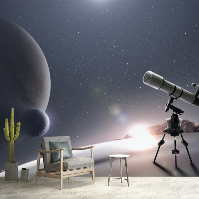 Cool Telescope and Globes Mural for Living Room, Blue and White, Made to Measure Clearhalo 'Wall Decor' 'Wall Mural' 1421869