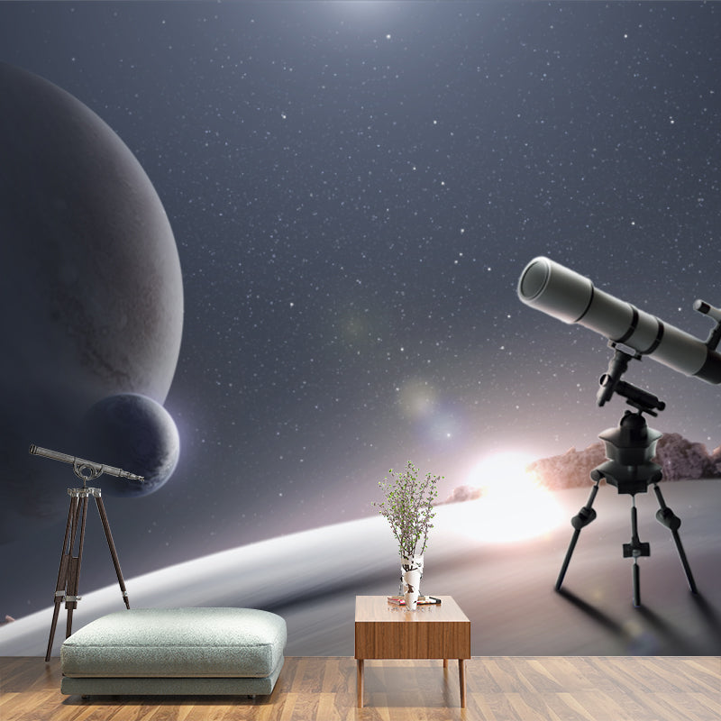 Cool Telescope and Globes Mural for Living Room, Blue and White, Made to Measure Clearhalo 'Wall Decor' 'Wall Mural' 1421870