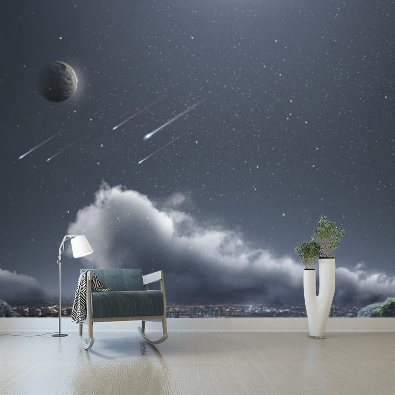 Futuristic City Meteor Shower Murals Aqua Moisture-Resistant Wall Covering for Home Aqua Clearhalo 'Wall Decor' 'Wall Mural' 1421873