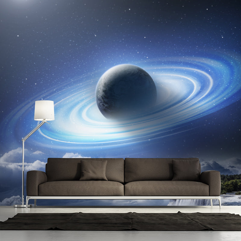 Blue-White Fictional Wall Mural Big Earth over Waterfall Wall Covering for Living Room Blue-White Clearhalo 'Wall Decor' 'Wall Mural' 1421890