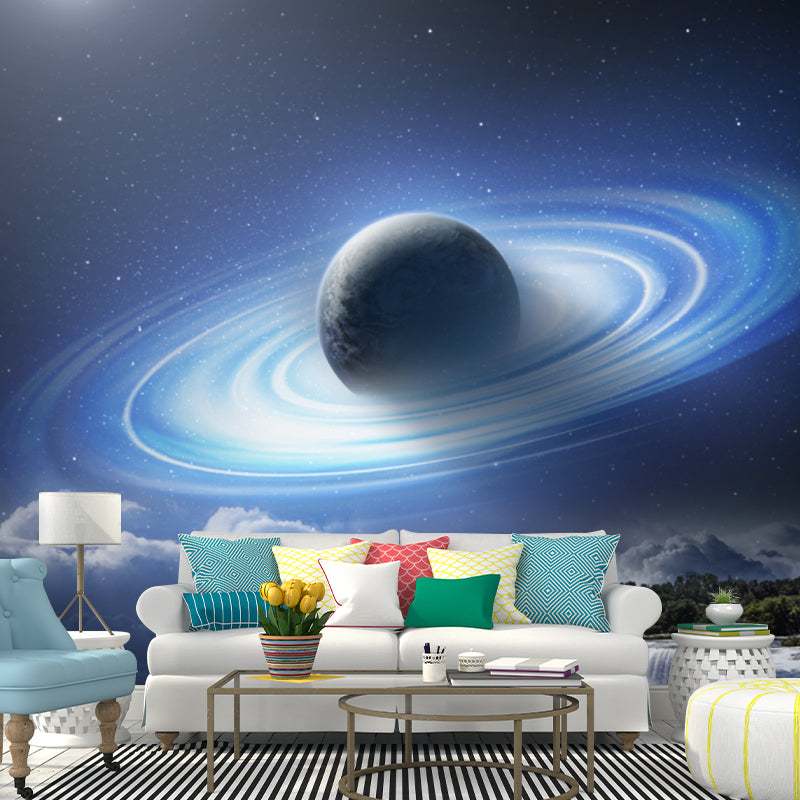 Blue-White Fictional Wall Mural Big Earth over Waterfall Wall Covering for Living Room Clearhalo 'Wall Decor' 'Wall Mural' 1421892