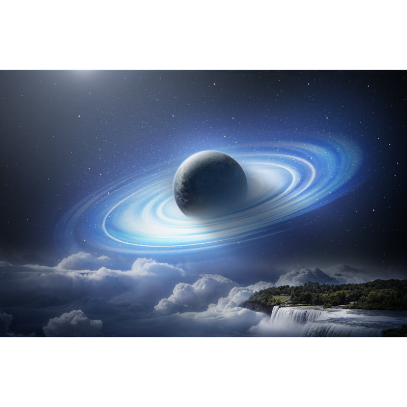 Blue-White Fictional Wall Mural Big Earth over Waterfall Wall Covering for Living Room Clearhalo 'Wall Decor' 'Wall Mural' 1421893