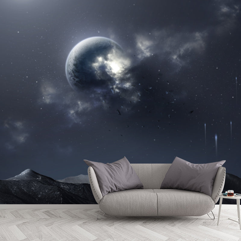 Full Size Sci-Fi Mural Blue-Black Night Globe over Bare Mountain Wall Decor, Custom Made Blue-Black Clearhalo 'Wall Decor' 'Wall Mural' 1421895