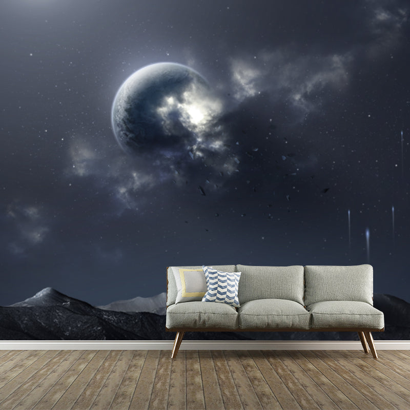 Full Size Sci-Fi Mural Blue-Black Night Globe over Bare Mountain Wall Decor, Custom Made Clearhalo 'Wall Decor' 'Wall Mural' 1421896