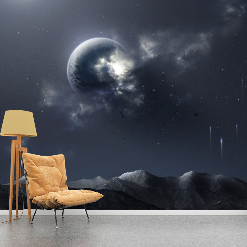 Full Size Sci-Fi Mural Blue-Black Night Globe over Bare Mountain Wall Decor, Custom Made Clearhalo 'Wall Decor' 'Wall Mural' 1421897