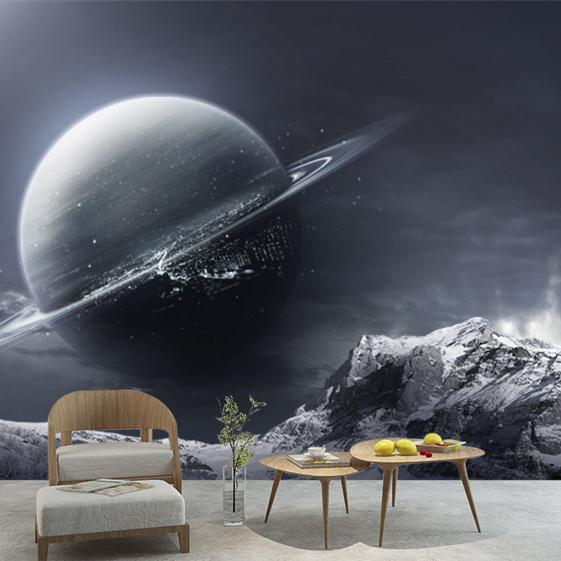 Science Fiction Earth Wallpaper Mural Pewter Snow Mountain Landscape Wall Art for Bedroom Pewter Clearhalo 'Wall Decor' 'Wall Mural' 1421905