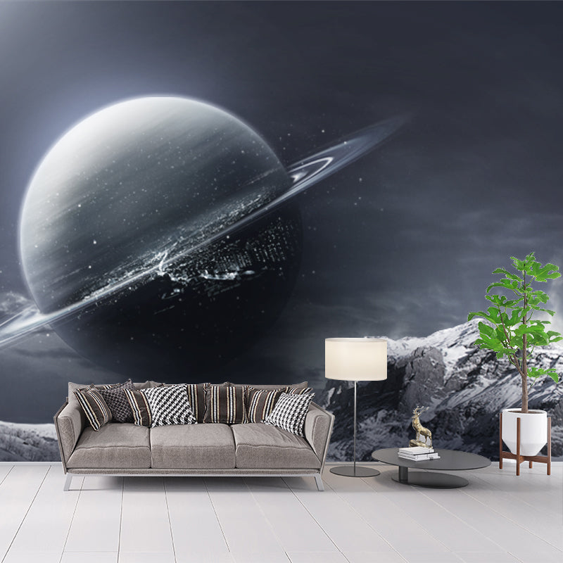 Science Fiction Earth Wallpaper Mural Pewter Snow Mountain Landscape Wall Art for Bedroom Clearhalo 'Wall Decor' 'Wall Mural' 1421906