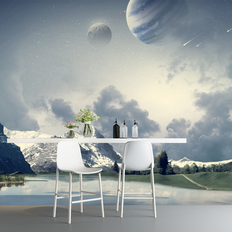 Large Tranquil Lake Landscape Mural Futuristic Dreamy Planets Wall Decor in Aqua Clearhalo 'Wall Decor' 'Wall Mural' 1421912