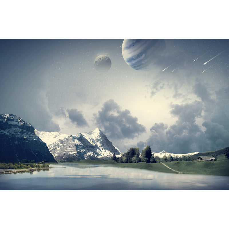 Large Tranquil Lake Landscape Mural Futuristic Dreamy Planets Wall Decor in Aqua Clearhalo 'Wall Decor' 'Wall Mural' 1421913