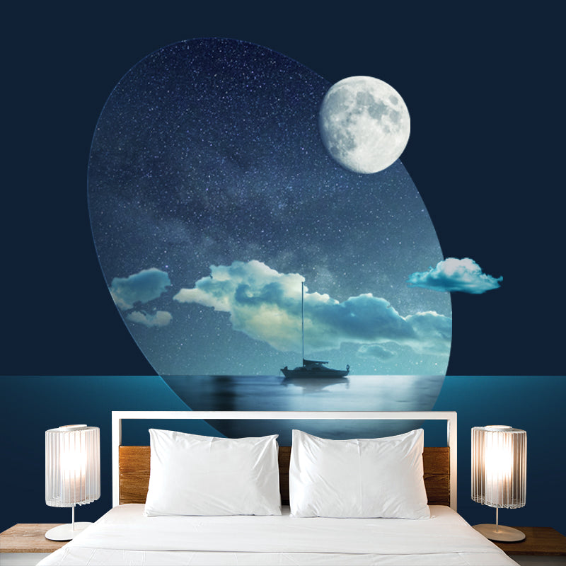 Moon Night Ocean Ship Mural Wallpaper Science Fiction Smooth Wall Covering in Blue Blue Clearhalo 'Wall Decor' 'Wall Mural' 1421915