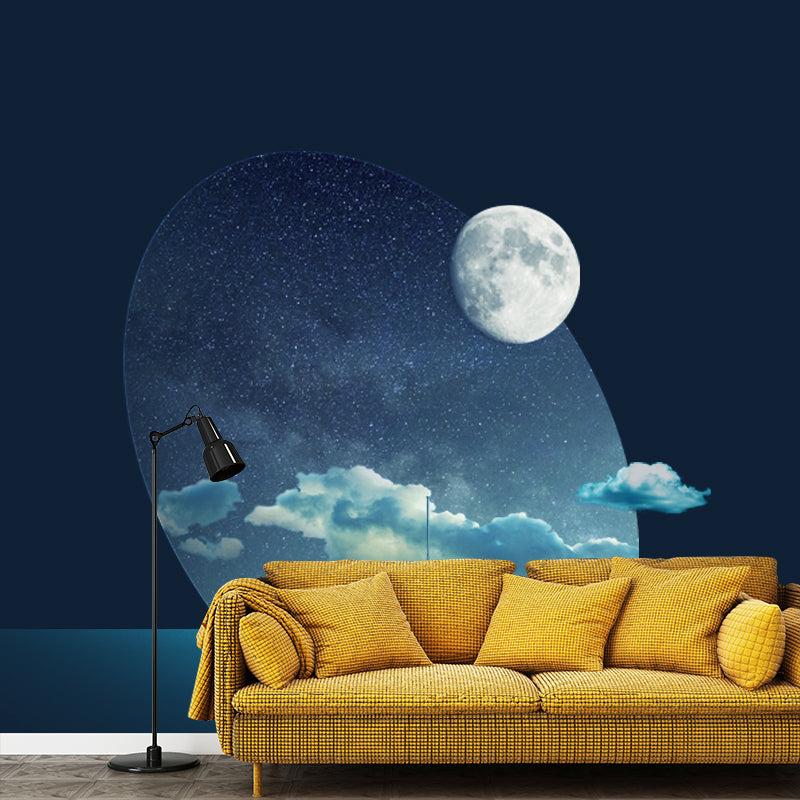 Moon Night Ocean Ship Mural Wallpaper Science Fiction Smooth Wall Covering in Blue Clearhalo 'Wall Decor' 'Wall Mural' 1421916