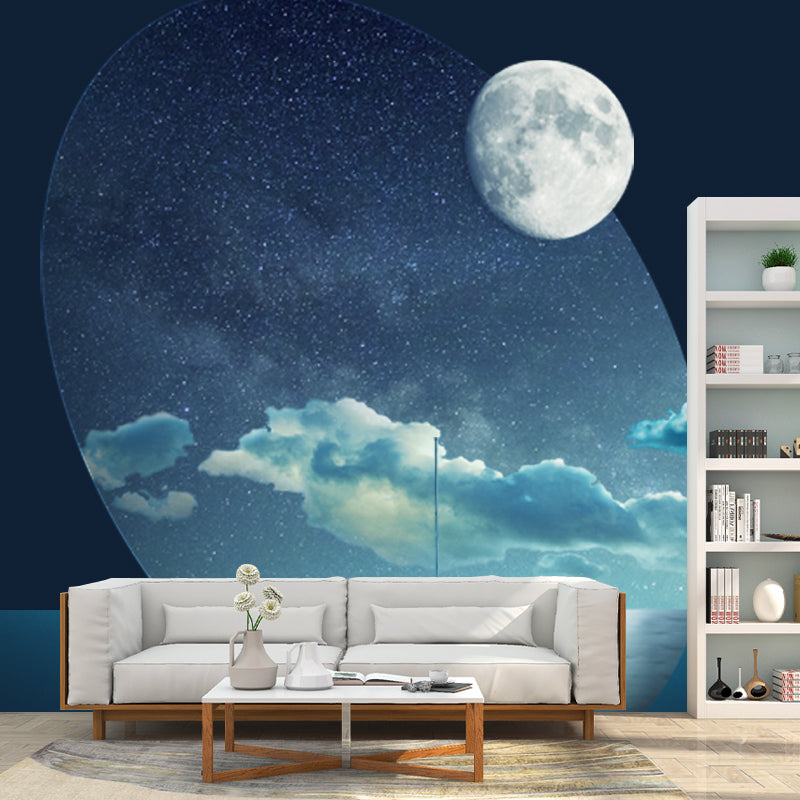 Moon Night Ocean Ship Mural Wallpaper Science Fiction Smooth Wall Covering in Blue Clearhalo 'Wall Decor' 'Wall Mural' 1421917