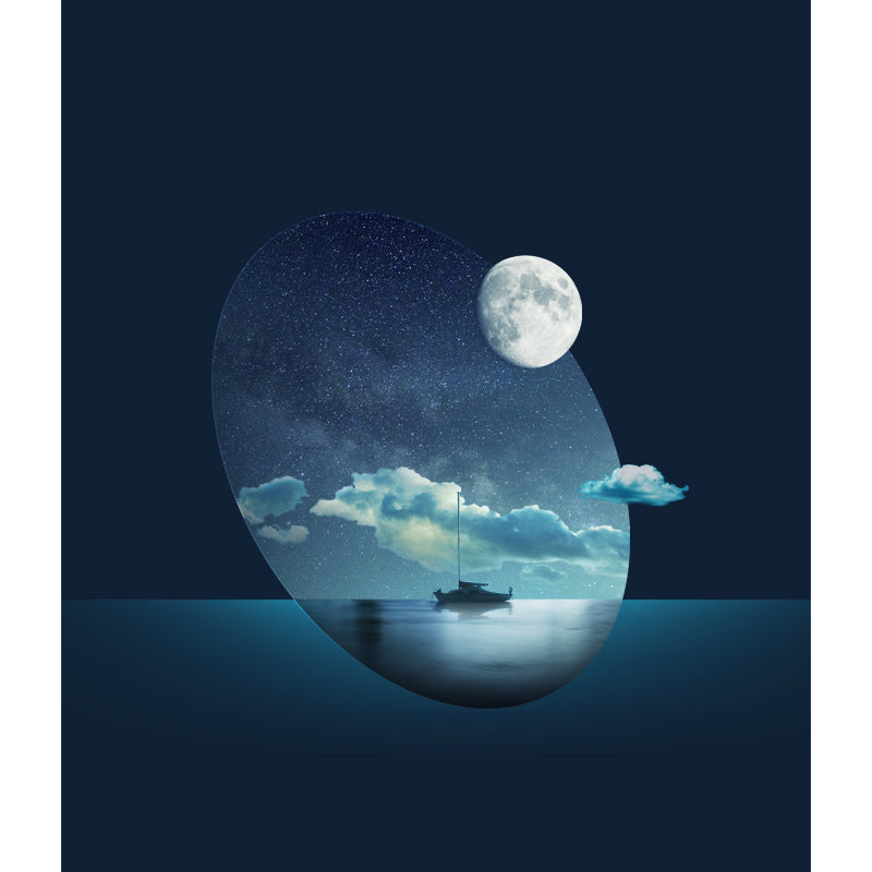 Moon Night Ocean Ship Mural Wallpaper Science Fiction Smooth Wall Covering in Blue Clearhalo 'Wall Decor' 'Wall Mural' 1421918