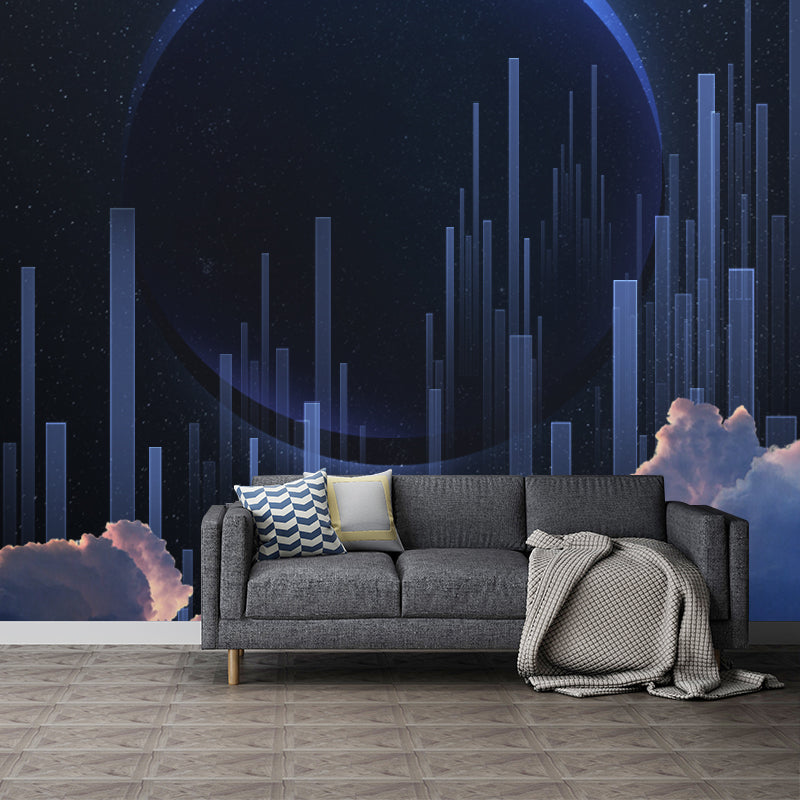 Fictional Moon Eclipse City Murals Decal Blue Bedroom Wall Art, Custom Size Available Blue Clearhalo 'Wall Decor' 'Wall Mural' 1421920