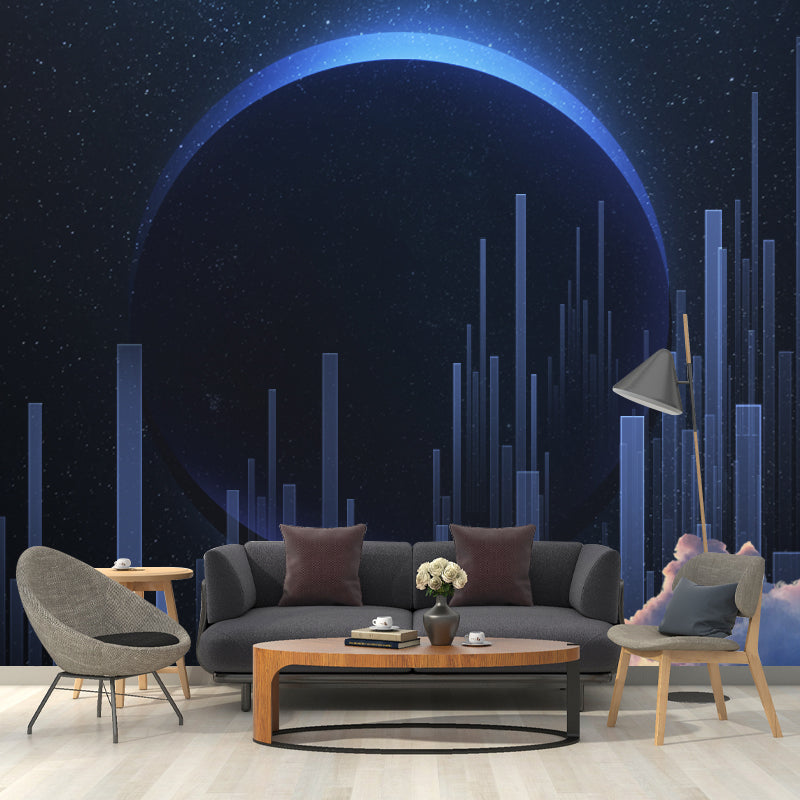 Fictional Moon Eclipse City Murals Decal Blue Bedroom Wall Art, Custom Size Available Clearhalo 'Wall Decor' 'Wall Mural' 1421921