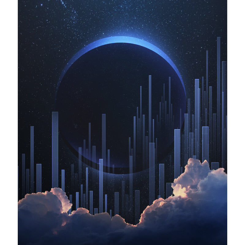 Fictional Moon Eclipse City Murals Decal Blue Bedroom Wall Art, Custom Size Available Clearhalo 'Wall Decor' 'Wall Mural' 1421923