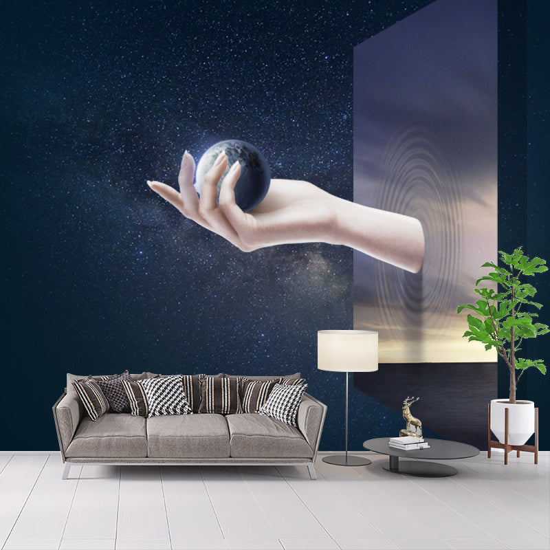 Large Sci-Fi Mural Wallpaper Blue Hand Breaking Window with Earth Ball Wall Art, Custom Size Blue Clearhalo 'Wall Decor' 'Wall Mural' 1421935