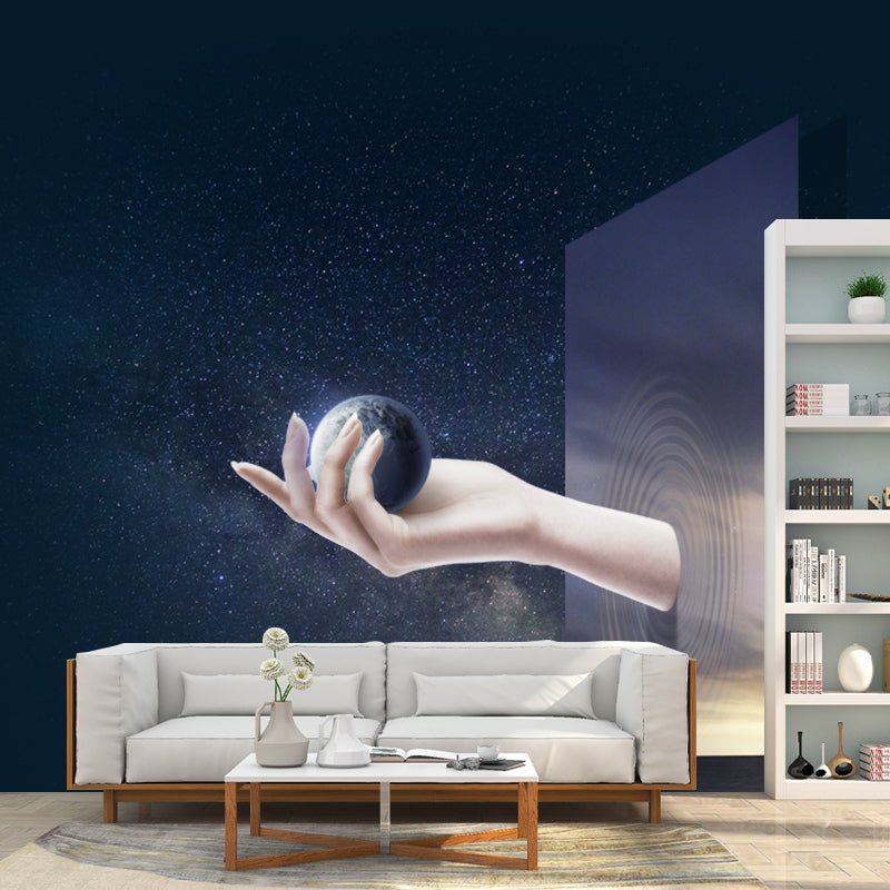 Large Sci-Fi Mural Wallpaper Blue Hand Breaking Window with Earth Ball Wall Art, Custom Size Clearhalo 'Wall Decor' 'Wall Mural' 1421936