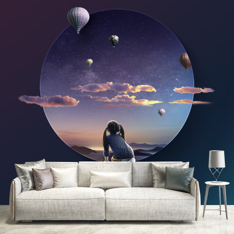 Hot Air Balloon Wall Mural Decal Sci-Fi Stain Resistant Bedroom Wall Covering, Made to Measure Purplish Blue Clearhalo 'Wall Decor' 'Wall Mural' 1421947