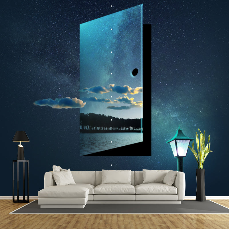 Futuristic Time Travel Murals Wallpaper Blue Non-Woven Fabric Wall Decor for Bedroom Blue Clearhalo 'Wall Decor' 'Wall Mural' 1421952