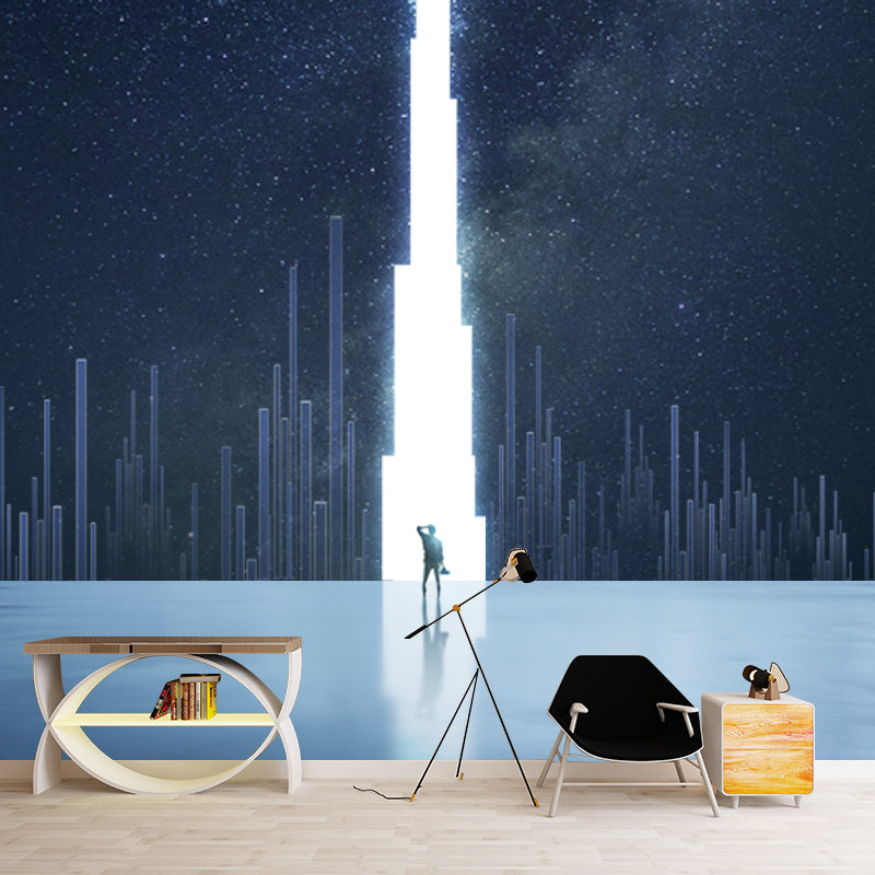 Futuristic Night City Wall Mural Blue-White Bedroom Wall Covering, Personalized Size Clearhalo 'Wall Decor' 'Wall Mural' 1421964