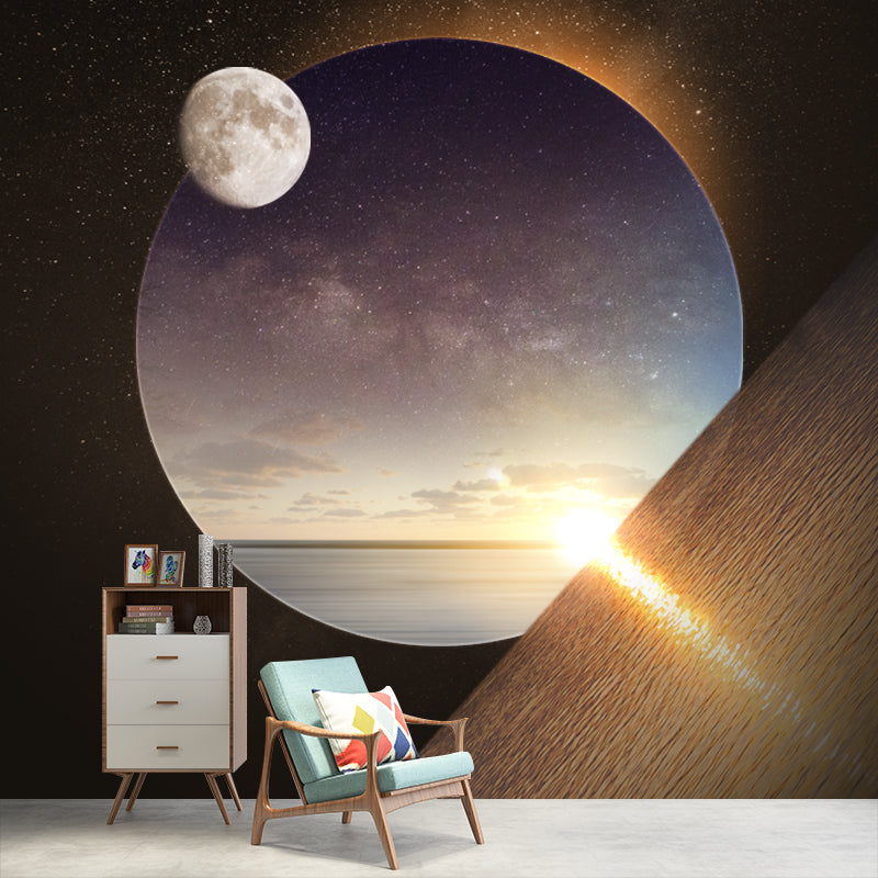 Full Size Space Planet Murals Sci-Fi Resplendent Sunrise Ocean Wall Decor in Yellow-Black Yellow-Black Clearhalo 'Wall Decor' 'Wall Mural' 1421967