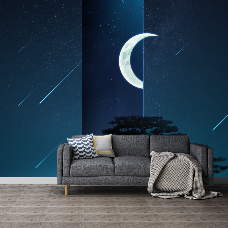 Fictional Meteor Night Sky Mural for Bedroom Full Size Wall Covering in Blue-White Blue-White Clearhalo 'Wall Decor' 'Wall Mural' 1421986