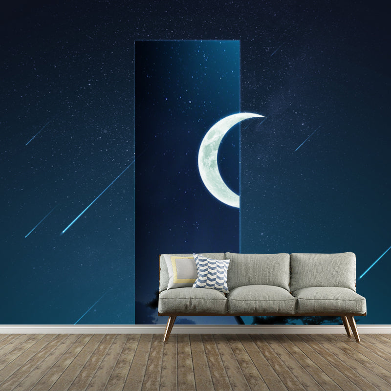 Fictional Meteor Night Sky Mural for Bedroom Full Size Wall Covering in Blue-White Clearhalo 'Wall Decor' 'Wall Mural' 1421987