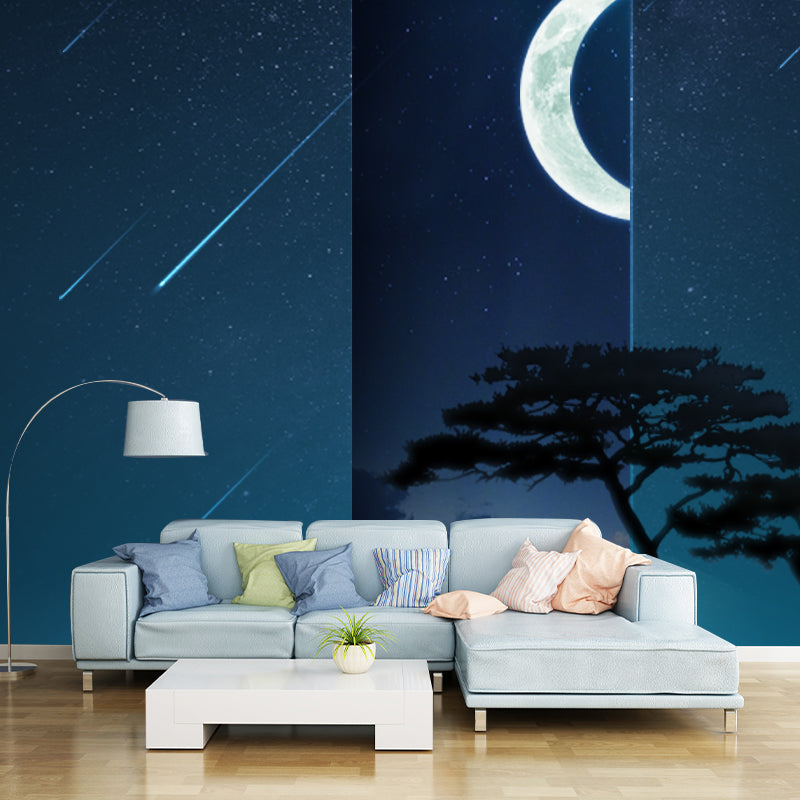 Fictional Meteor Night Sky Mural for Bedroom Full Size Wall Covering in Blue-White Clearhalo 'Wall Decor' 'Wall Mural' 1421988