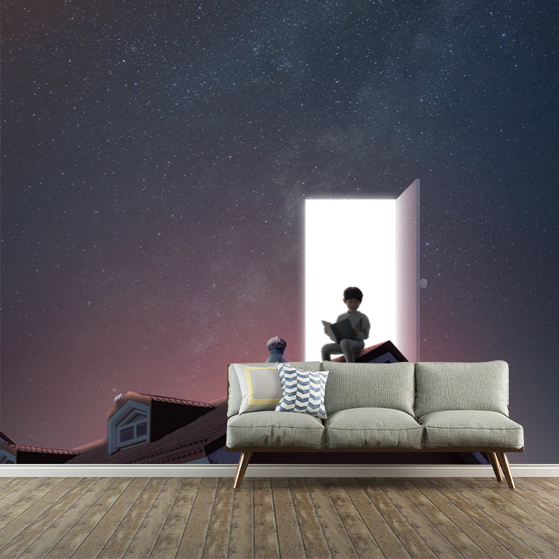 Mystic Boy Reading Mural Wallpaper for Bedroom Time Travel Wall Decor, Custom Print Purplish Blue Clearhalo 'Wall Decor' 'Wall Mural' 1421991