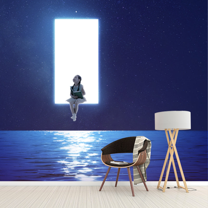 Whole Sci-Fi Wall Paper Murals in Blue-White Girl Suspended over Night Ocean Wall Art, Optional Size Clearhalo 'Wall Decor' 'Wall Mural' 1422005