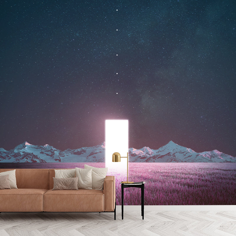 Futuristic Night Lavender Field Mural Pink-Blue Time Travel Wall Covering for Bedroom Pink-Blue Clearhalo 'Wall Decor' 'Wall Mural' 1422008