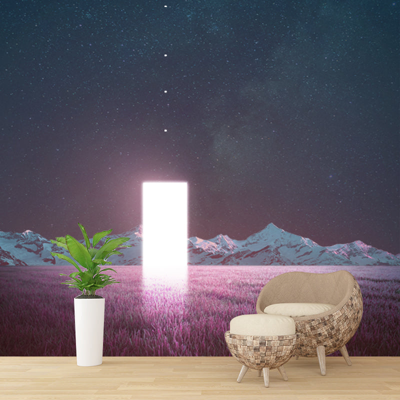 Futuristic Night Lavender Field Mural Pink-Blue Time Travel Wall Covering for Bedroom Clearhalo 'Wall Decor' 'Wall Mural' 1422009