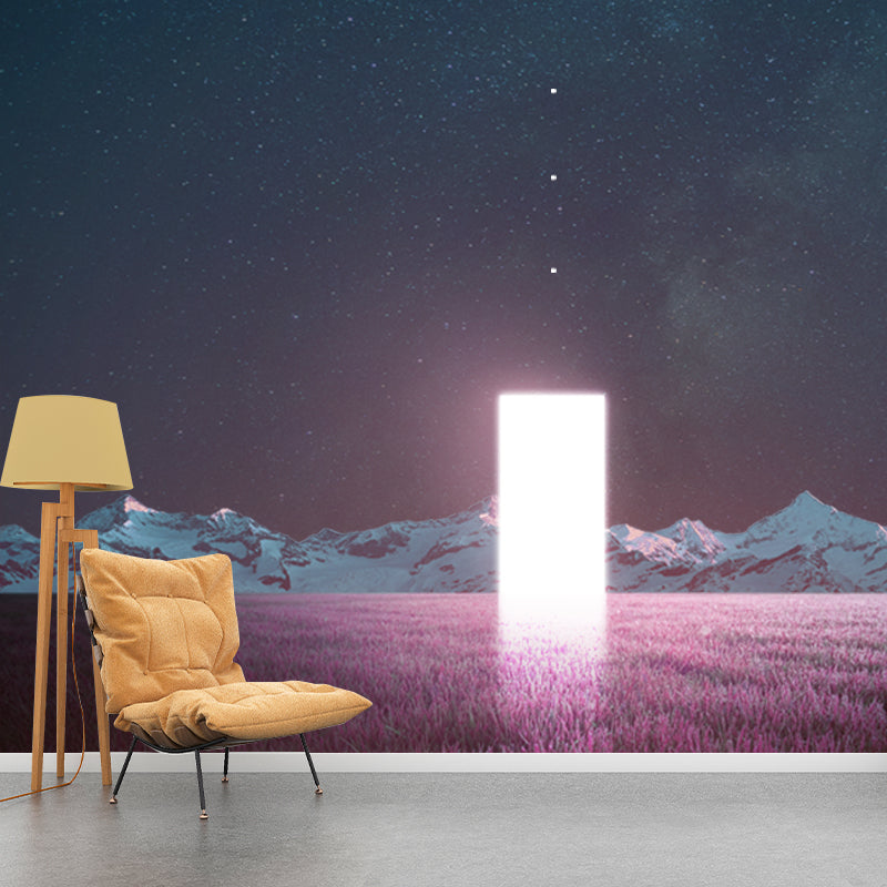 Futuristic Night Lavender Field Mural Pink-Blue Time Travel Wall Covering for Bedroom Clearhalo 'Wall Decor' 'Wall Mural' 1422010