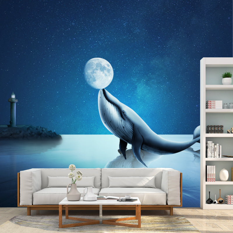 Blue Dolphin Playing Moon Murals Water-Proof Fictional Bedroom Wall Decor, Custom-Made Blue Clearhalo 'Wall Decor' 'Wall Mural' 1422013