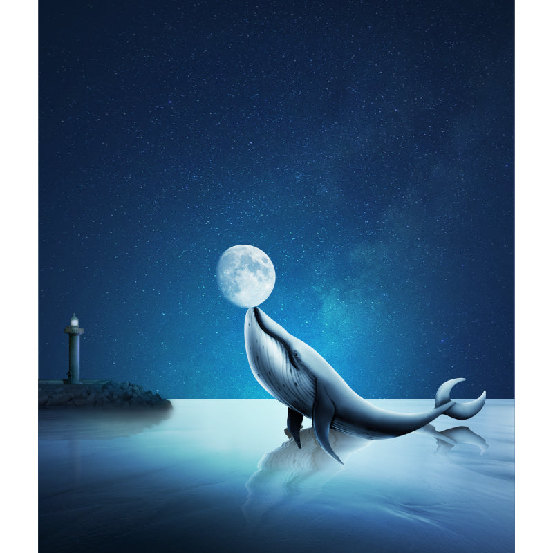 Blue Dolphin Playing Moon Murals Water-Proof Fictional Bedroom Wall Decor, Custom-Made Clearhalo 'Wall Decor' 'Wall Mural' 1422016