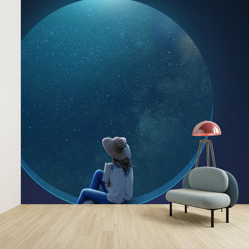 Non-Woven Washable Murals Sci-Fi Girl and Starry Moon Night Wall Art for Bedroom Clearhalo 'Wall Decor' 'Wall Mural' 1422024