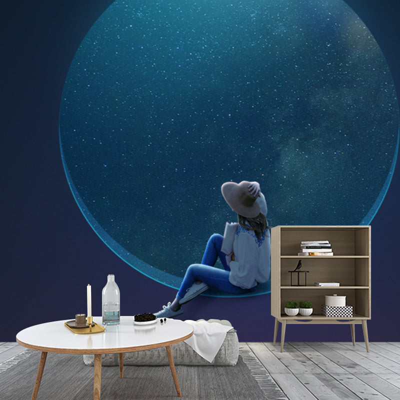 Non-Woven Washable Murals Sci-Fi Girl and Starry Moon Night Wall Art for Bedroom Clearhalo 'Wall Decor' 'Wall Mural' 1422025