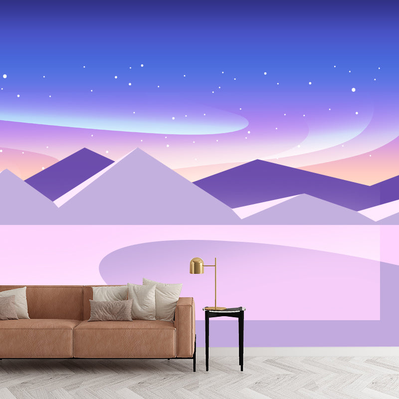 Whole Star and Aurora Mural Nordic Mystic Night Mountain Landscape Wall Decor in Purple-Blue Purplish Blue Clearhalo 'Wall Decor' 'Wall Mural' 1422048