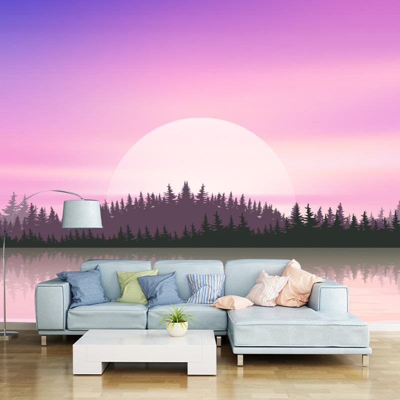 Moon Hide Behind Lake Mural Wallpaper Modern Stain Resistant Bedroom Wall Covering, Size Optional Purple-Pink Clearhalo 'Wall Decor' 'Wall Mural' 1422053