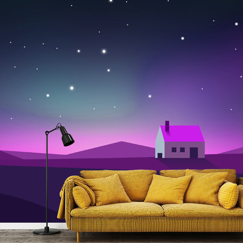 Large Nordic Wall Paper Mural Purple House with Night Polar Light Wall Decor, Made to Measure Purple Clearhalo 'Wall Decor' 'Wall Mural' 1422068