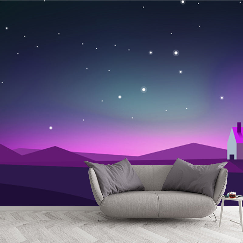 Large Nordic Wall Paper Mural Purple House with Night Polar Light Wall Decor, Made to Measure Clearhalo 'Wall Decor' 'Wall Mural' 1422069