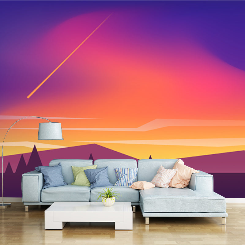 Whole Mountain Meteor Shower Mural for Bedroom Night Scenery Wall Art in Yellow-Blue, Washable Clearhalo 'Wall Decor' 'Wall Mural' 1422085
