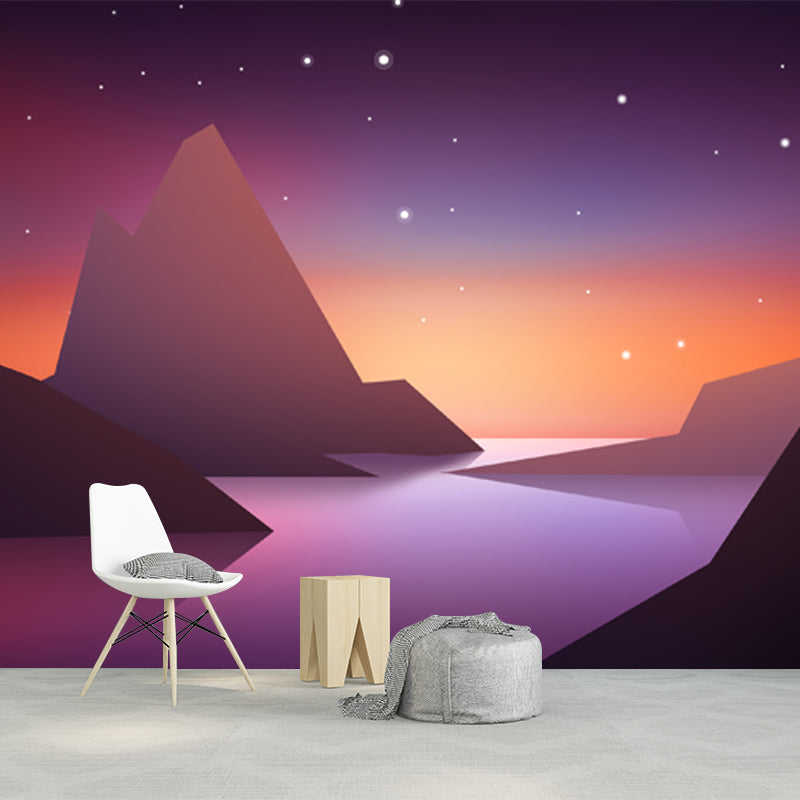 Large Mountain Starry Sky Murals Purple-Yellow Non-Woven Wall Covering, Waterproof, Custom Print Purple-Yellow Clearhalo 'Wall Decor' 'Wall Mural' 1422119